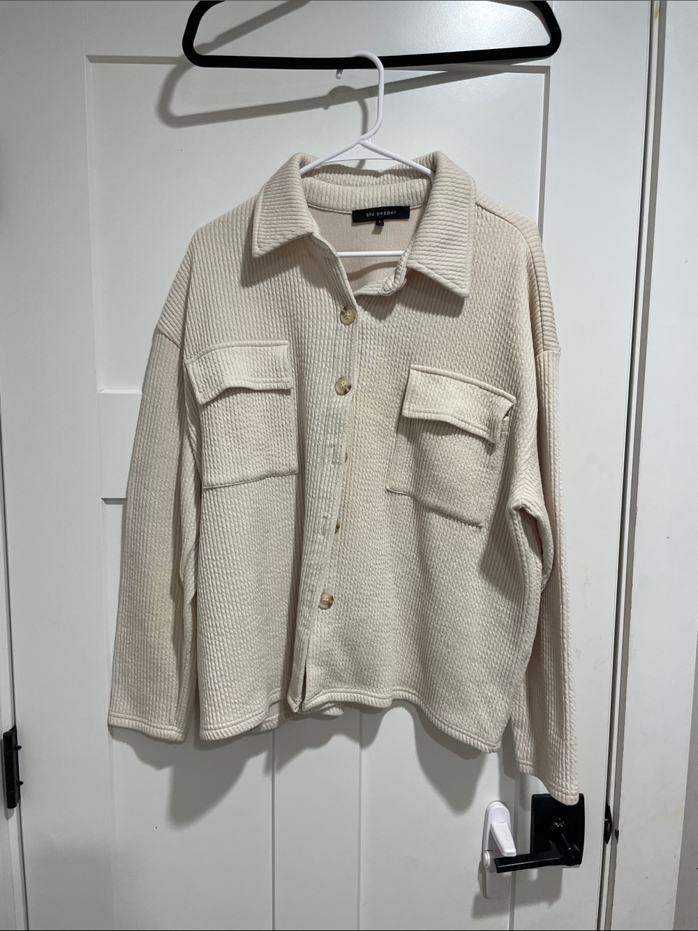 Blank NYC Ivory Knit Shacket with Front Flap Pockets
